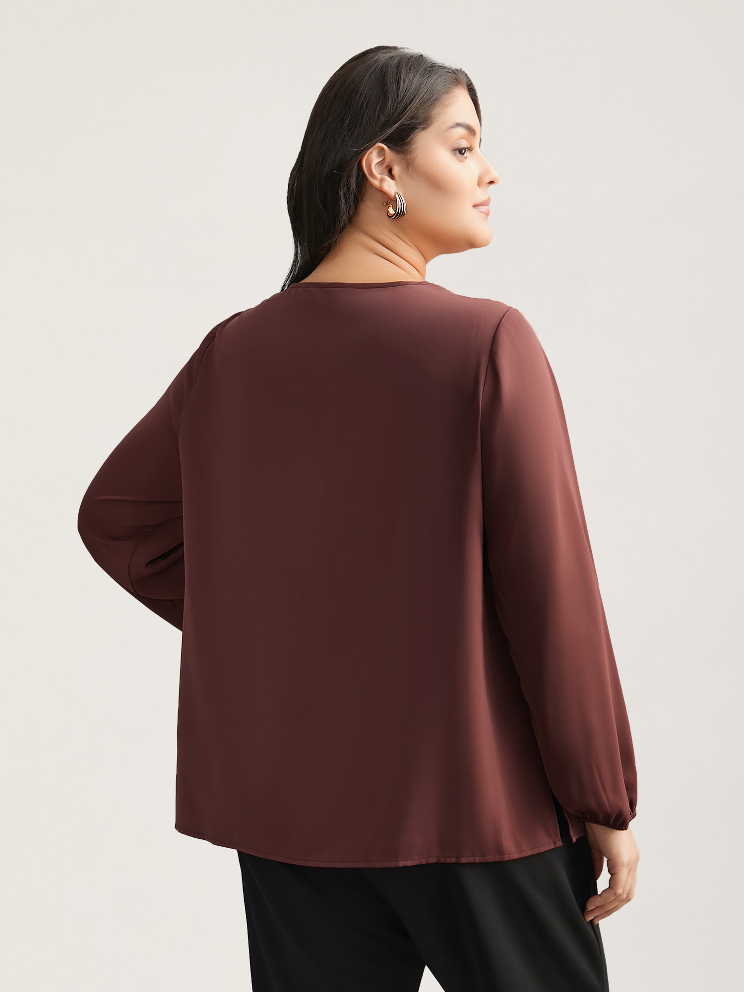 Solid Crew Neck Lantern Sleeve Blouse