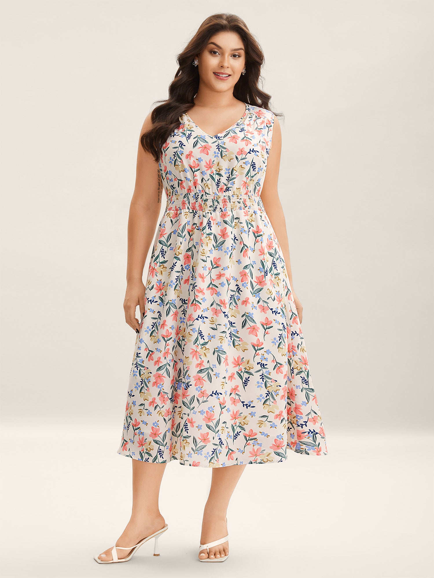 Shirred Waist Floral Print Pockets Midi Dress