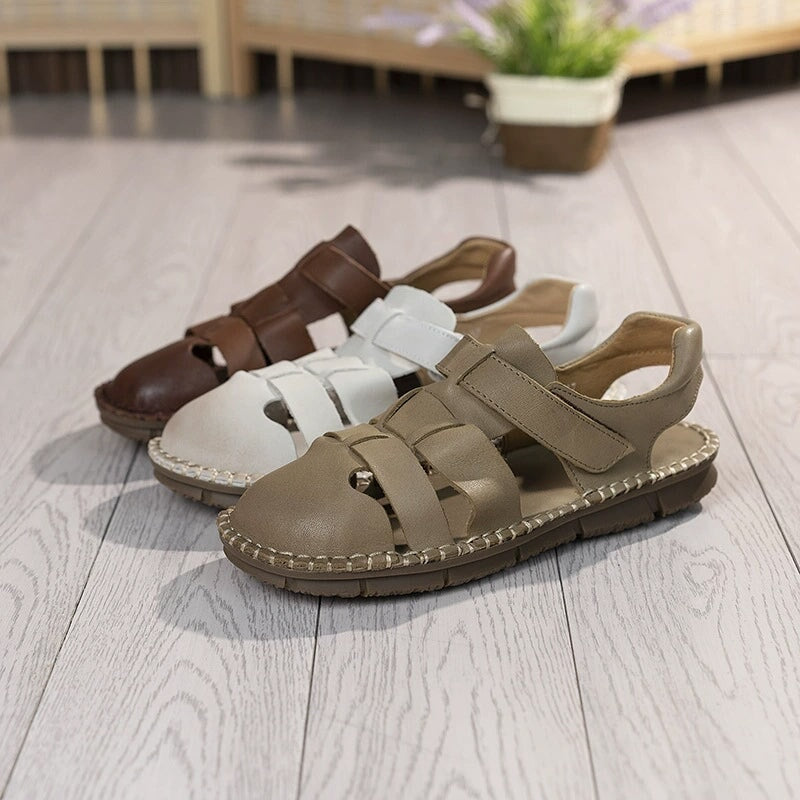 Genuine Leather Gladiator Sandals Summer Breathable Velcro Flat Shoes in Beige/Khaki/Coffee