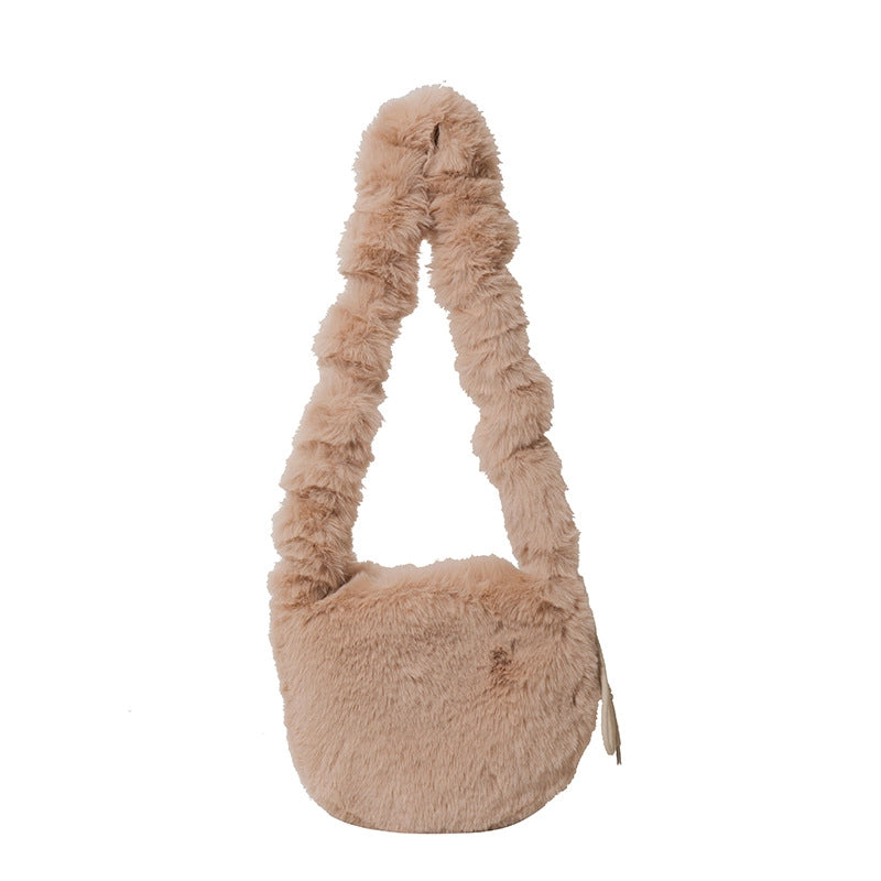 Korean Style Autumn And Winter Furry Solid Color Mini Bag Casual Fashion Underarm Women's Bag Fashionable Western Style Plush Handbag