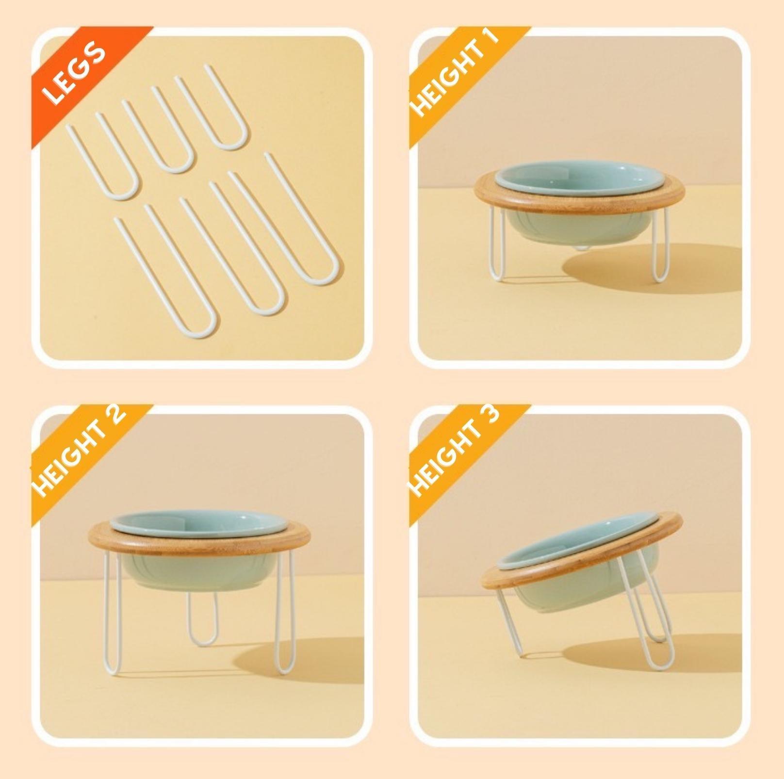 Height-Adjustable Ceramic Cat Bowls Small Dog Bowls with Bamboo Round Frame