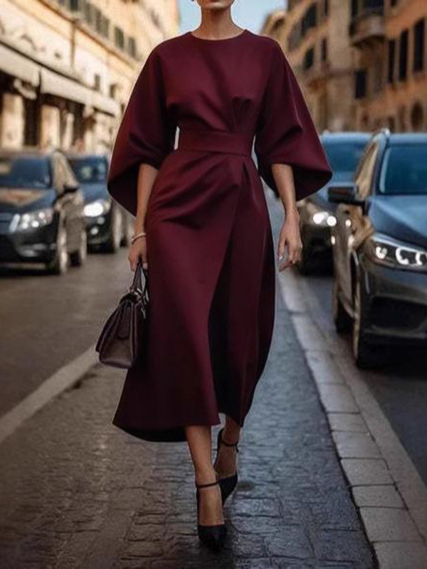 Loose Puff Sleeves Pleated Solid Color Split-Joint Round-Neck Midi Dresses
