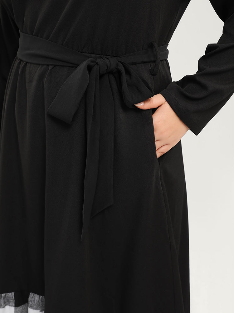 Plaid Patchwork Pocket Belted Asymmetrical Hem Dress