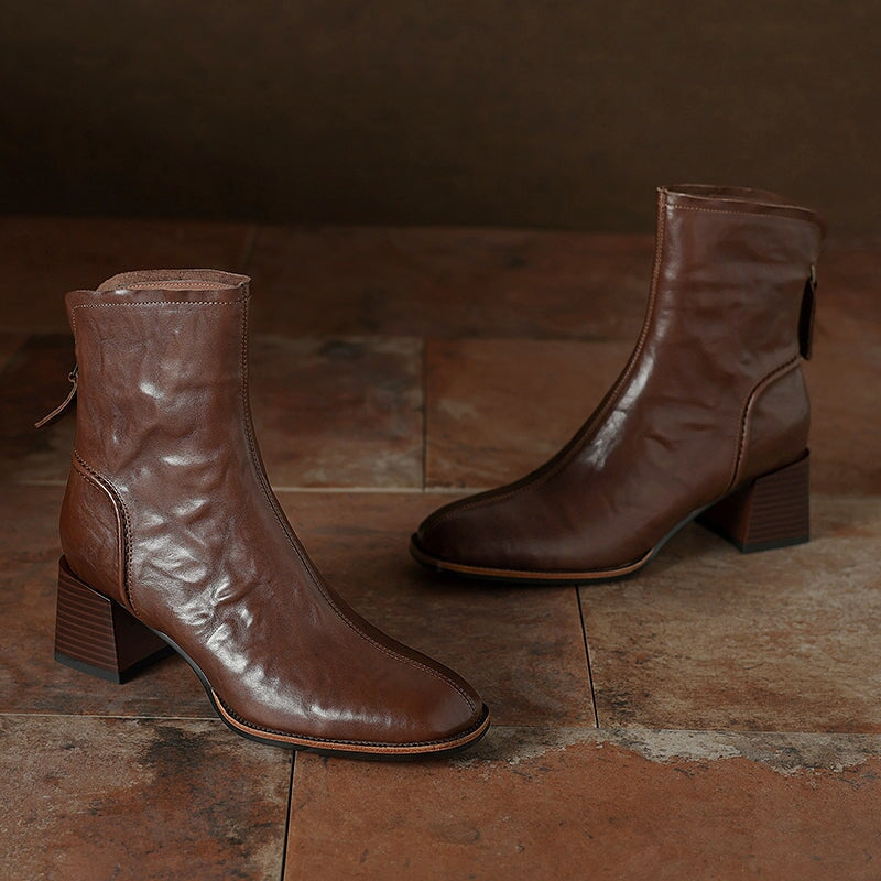 55mm Block Heel Square Toe Ankle Boots with Back Zip in Genuine Cowhide Black/Brown