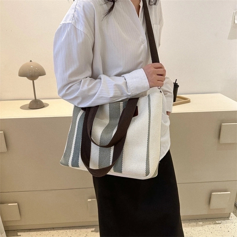 Women's Large Canvas Stripe Vintage Style Square Zipper Crossbody Bag
