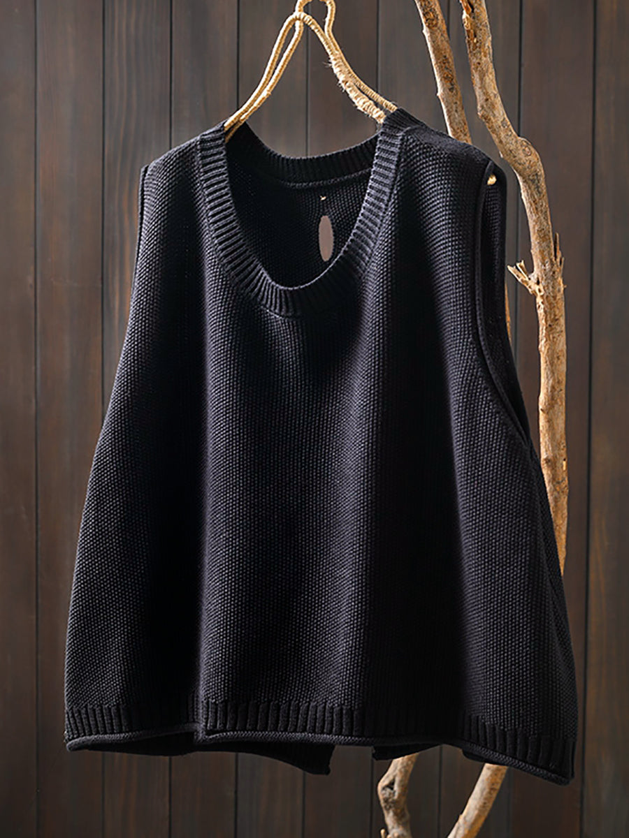 Women Vintage Pure Color Button Knit Vest