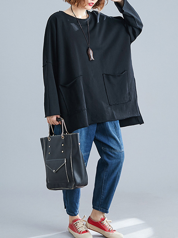 High-Low Long Sleeves Pockets Solid Color Split-Joint Split-Side Round-Neck Sweatshirt Tops