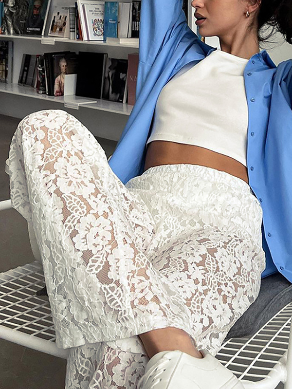 High Waisted Loose Jacquard See-Through Solid Color Pants Trousers