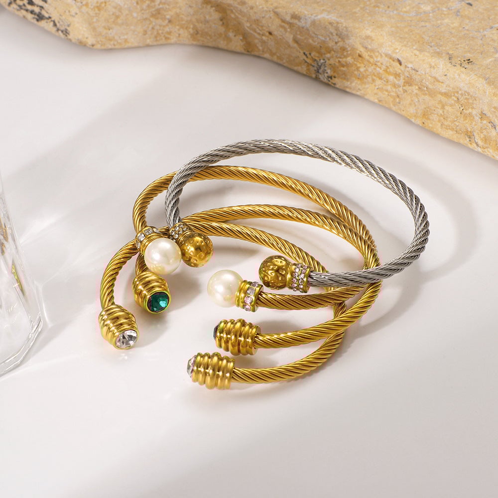 Stainless Steel Wire Rope Gold Bracelet Titanium Steel Open Trend Pearl Ladies Fashion High-End Bracelet