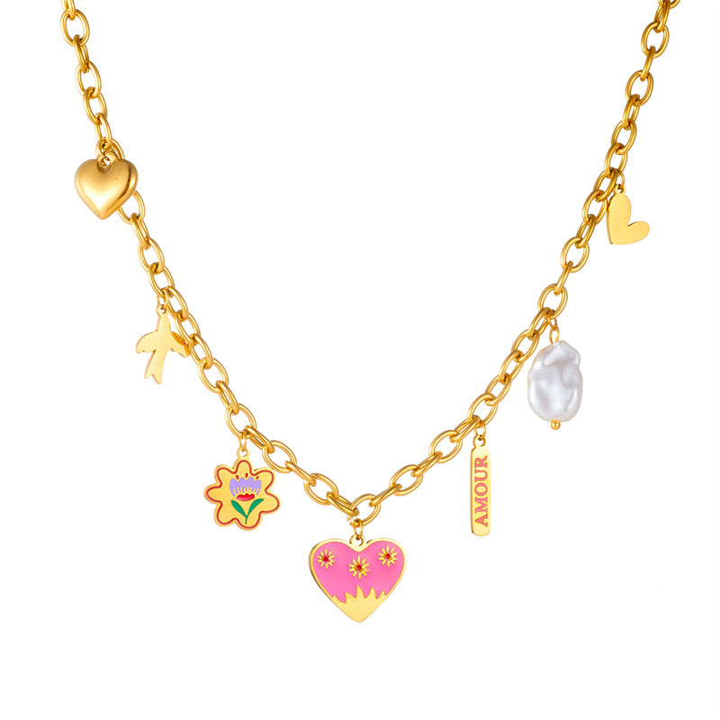 Fashion Cartoon Cute Painted Oil Drop Love Flower Bird Pearl Pendant Chain Stainless Steel Necklace