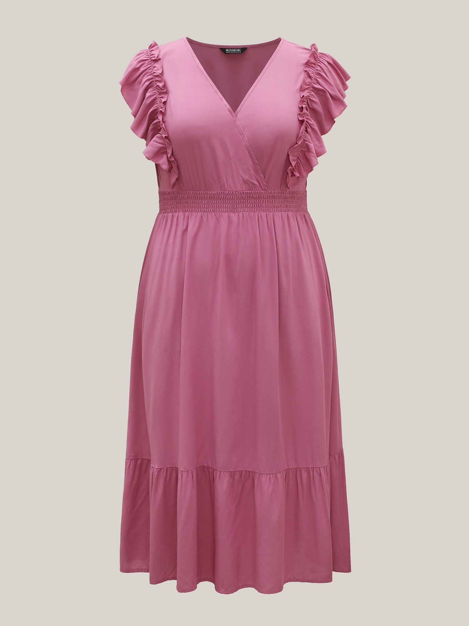 Rayon Ruffled Shirred Waist Solid Midi Dress