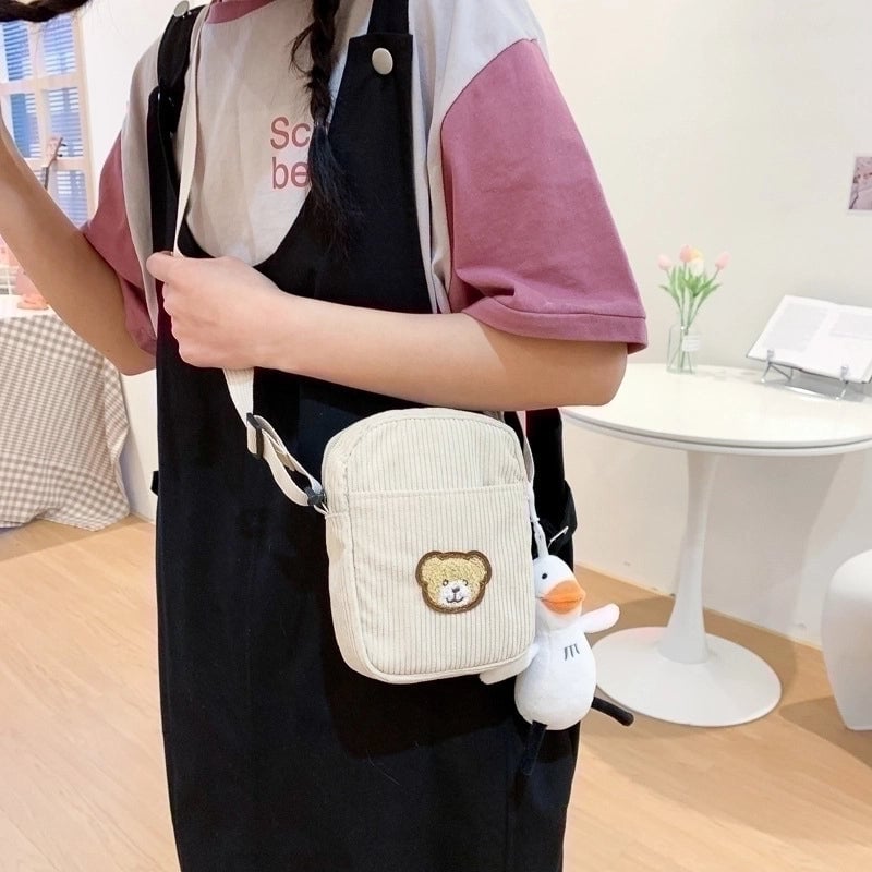 Women's Small Corduroy Bear Cute Streetwear Square Zipper Crossbody Bag
