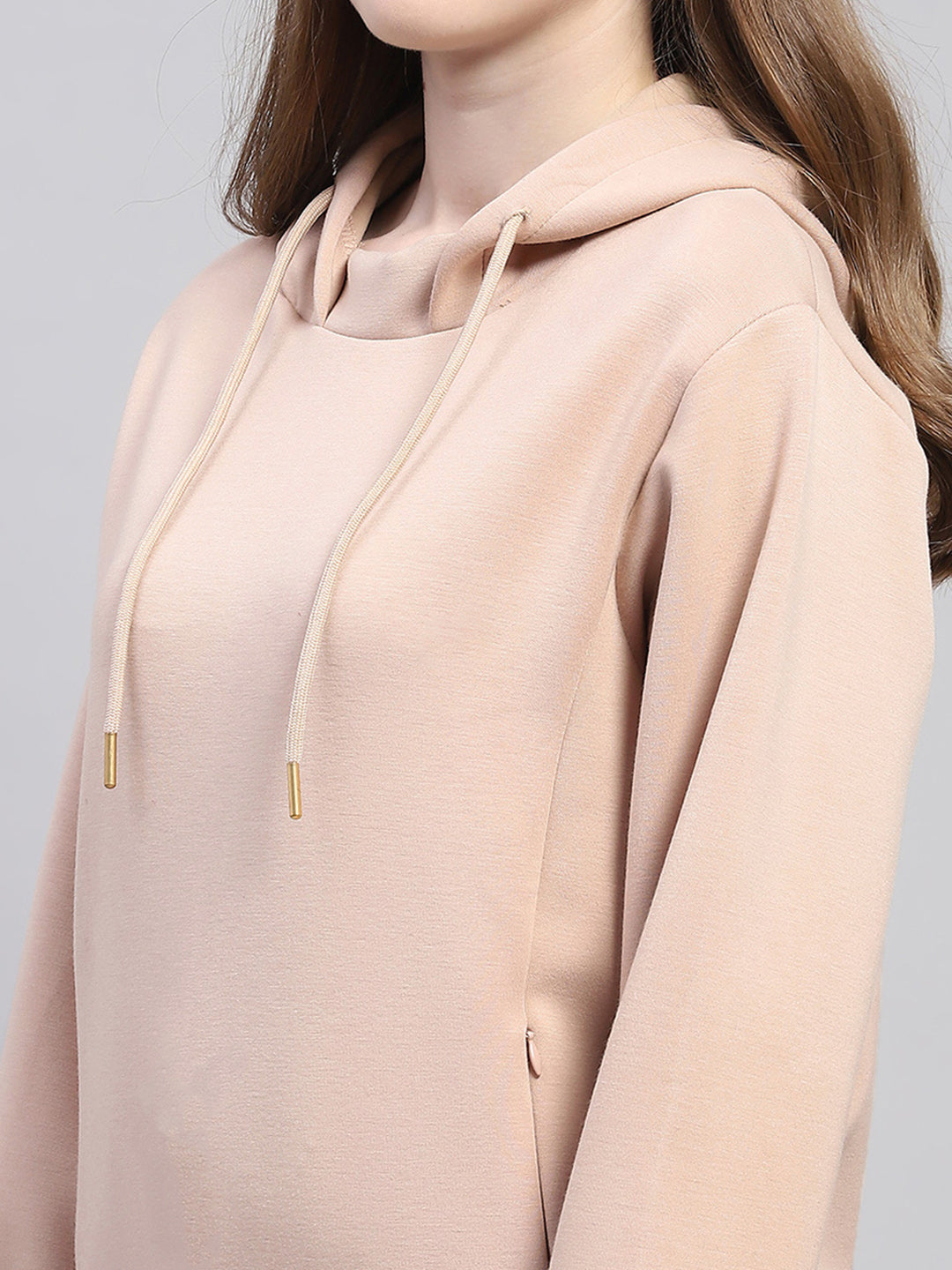 Women Beige Solid Hooded Full Sleeve Sweatshirt