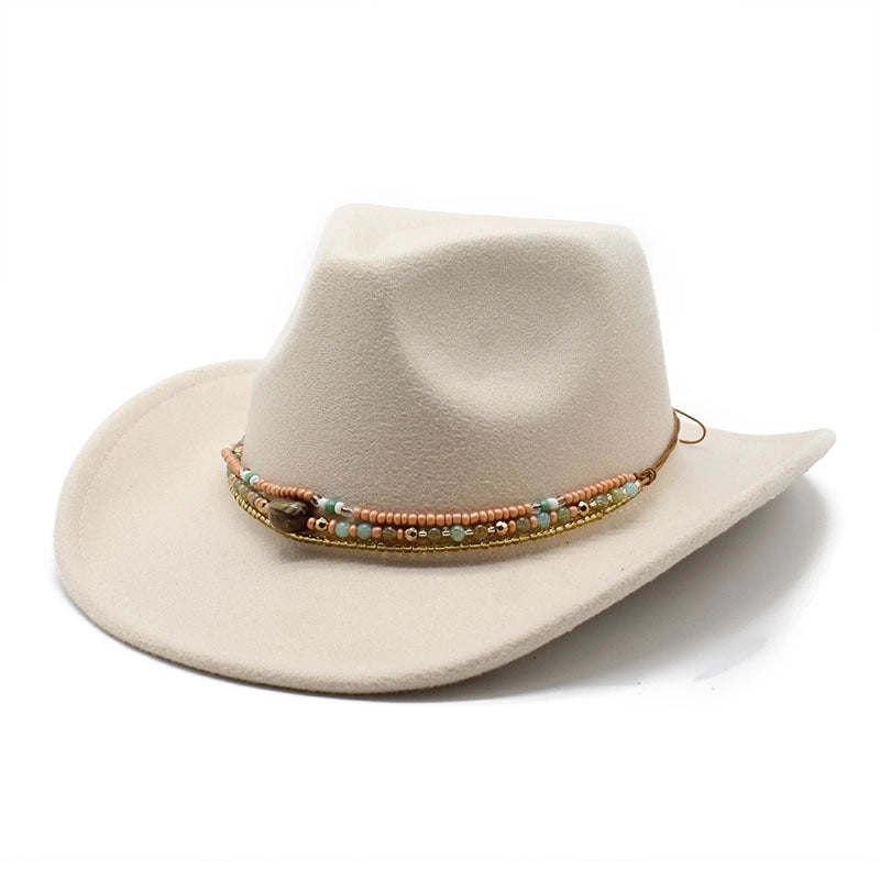 New Curling Cowboy Hat Western Ethnic Style Tibetan Felt Hat Colorful Bead Rope Accessories Knight Hat Fashion