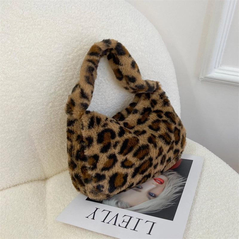 Women's Plush Leopard Classic Style Square Zipper Shoulder Bag Square Bag