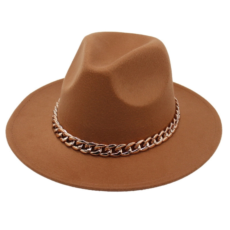 Chain Accessories Panama Hat Autumn And Winter  Jazz Woolen Hat Women's Fashion Big Brim Soft Felt Hat