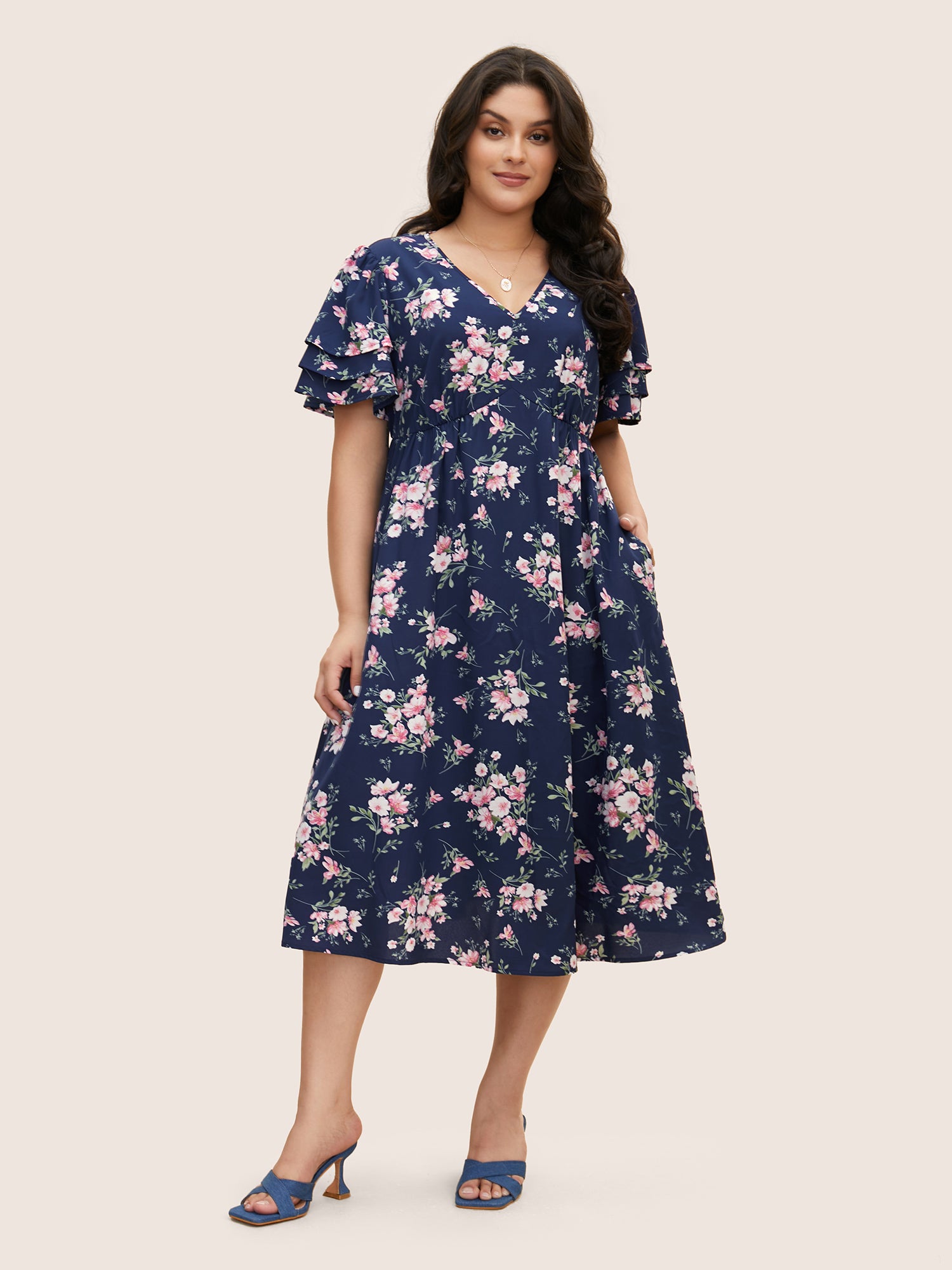 Floral Elastic Waist Tiered Ruffle Sleeve Dress