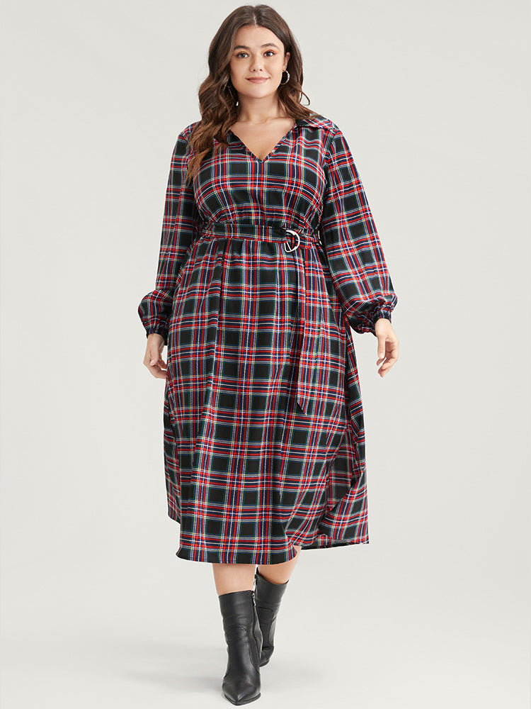 Tartan Lantern Sleeve Pocket Belted Midi Dress