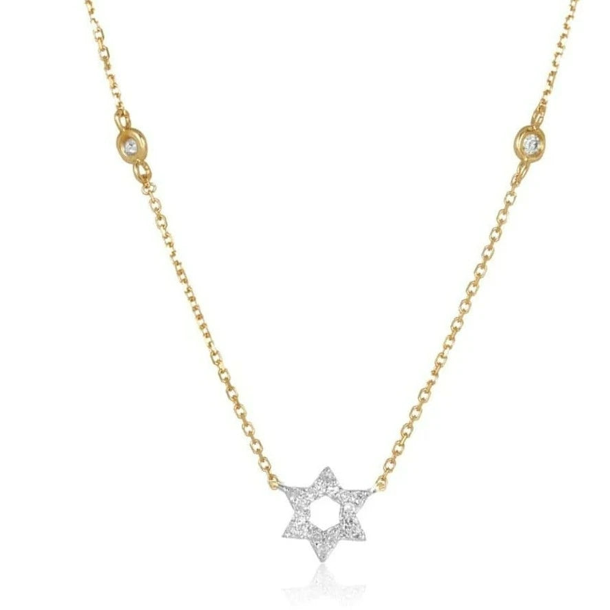 Diamond Bezel Star of David Necklace - Yellow. White or Rose Gold