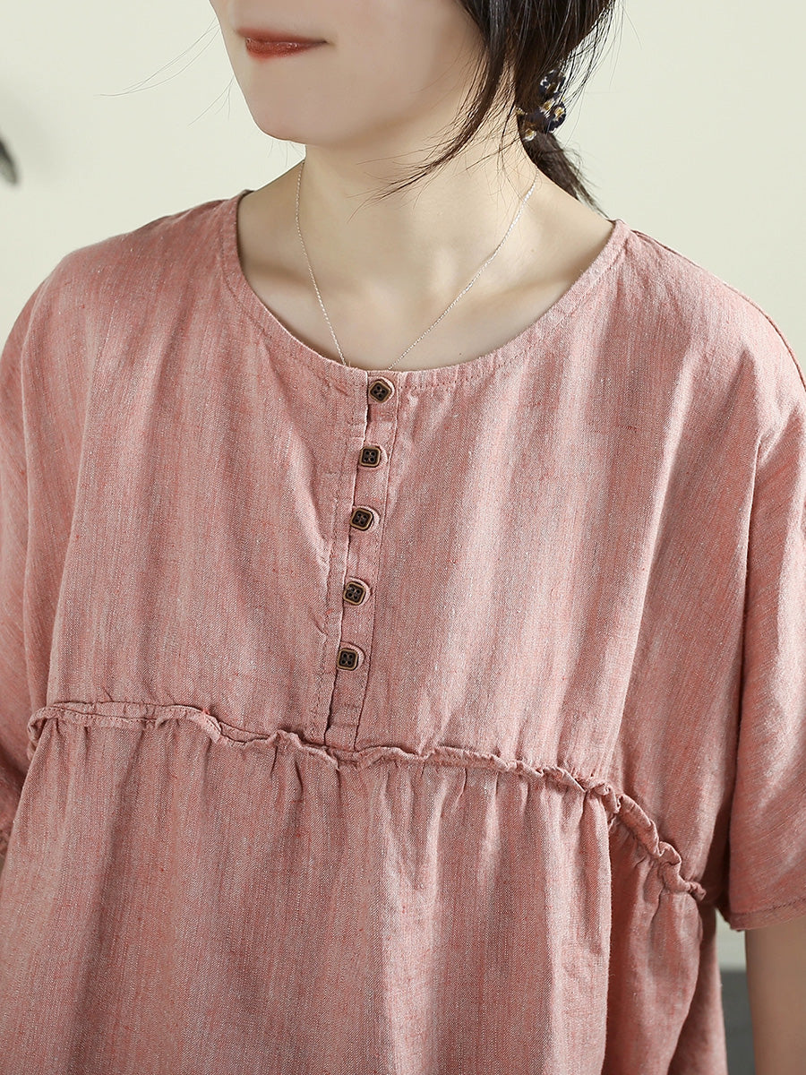 Women Summer Vintage Pure Color Spliced 100%Linen O-Neck Shirt