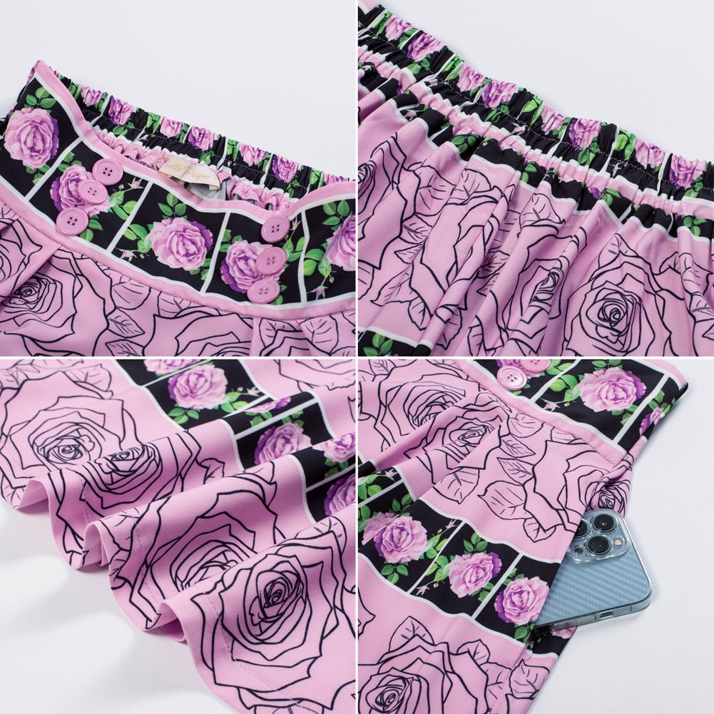Leaf Patterns Pleated Buttons Decorated Elastic Waist High Waist Swing A-Line Skirt with Pockets