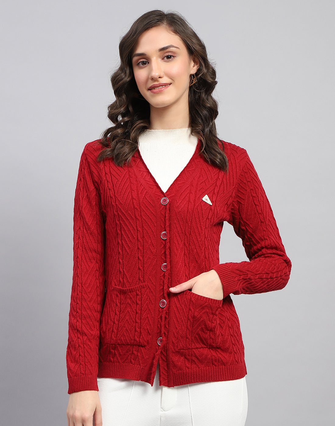 Women Red Self Design V Neck Full Sleeve Cardigan