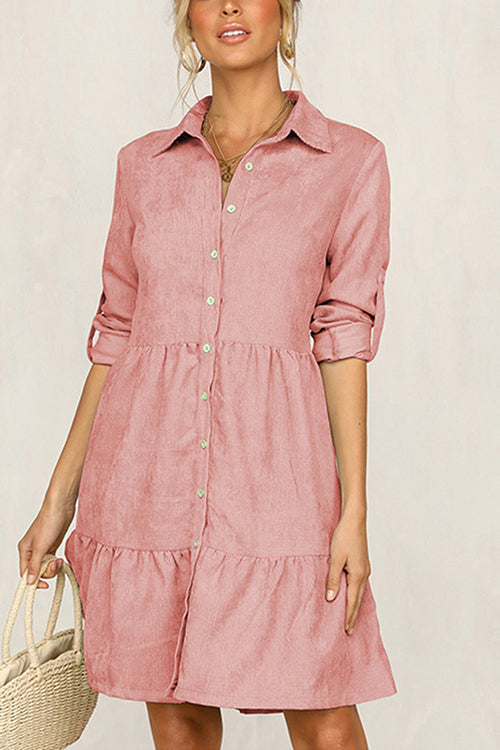 Rolled Up Sleeve Button Down Ruffle Dress