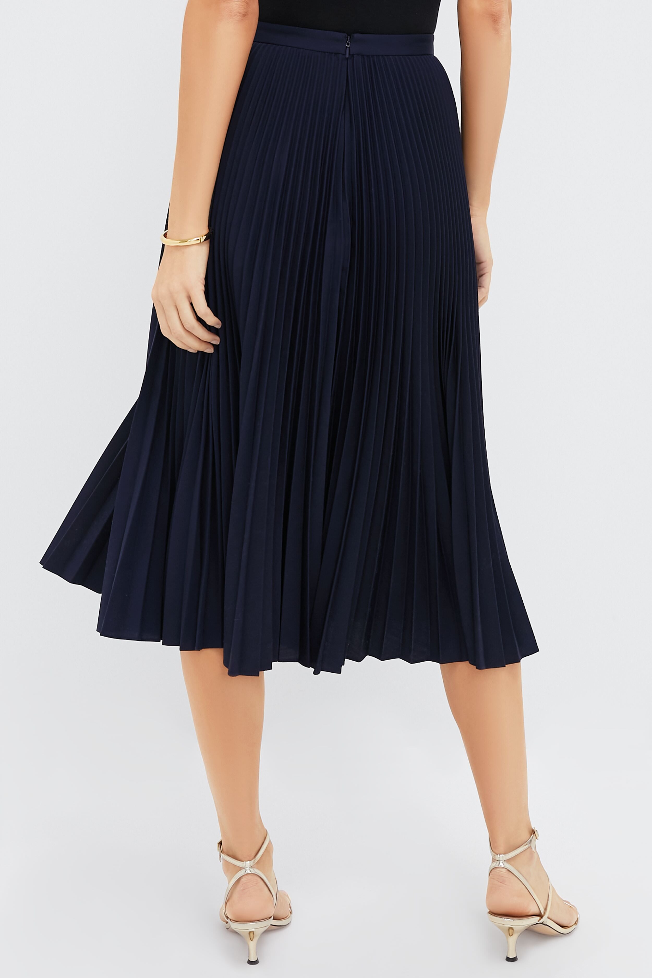 Navy Pleated Midi Skirt