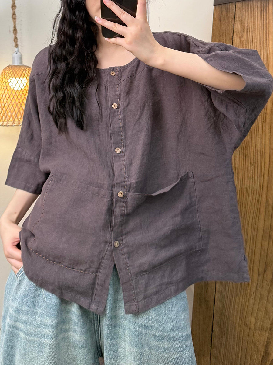 Women Summer Retro Pure Color O-Neck Linen Shirt