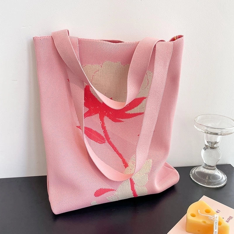 Women's Medium Knit Flower Vintage Style Open Tote Bag