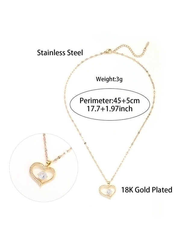 Elegant Heart Shape Stainless Steel Zircon Hollow Out Pendant Necklace