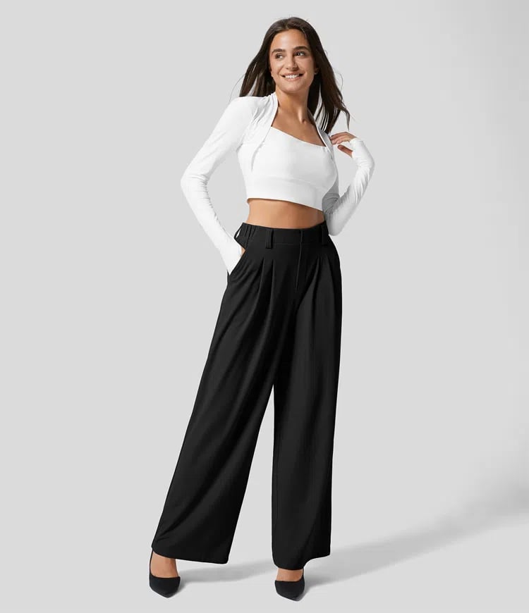 High Waisted Plicated Side Pocket Wide Leg Waffle Work Pants