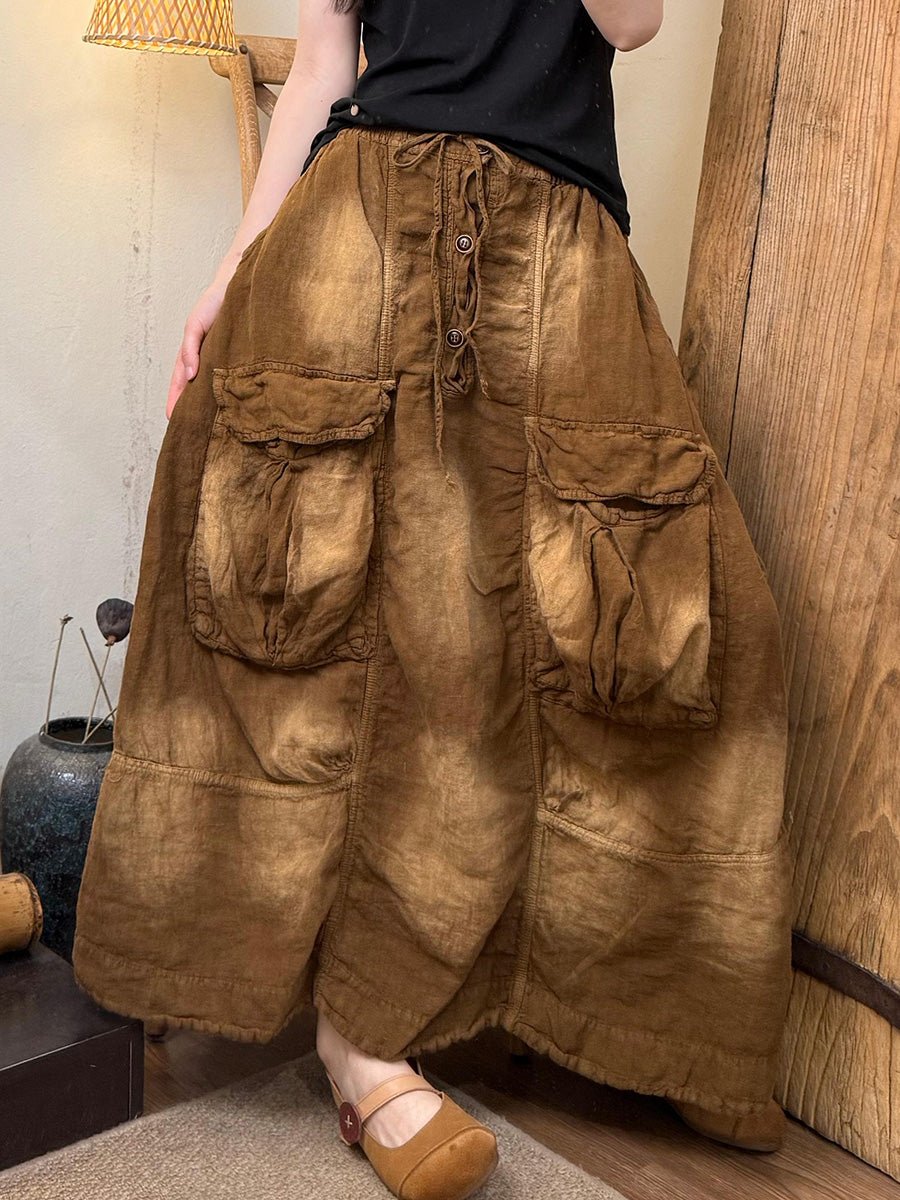 Women Summer Retro Tie-dye Linen Skirt
