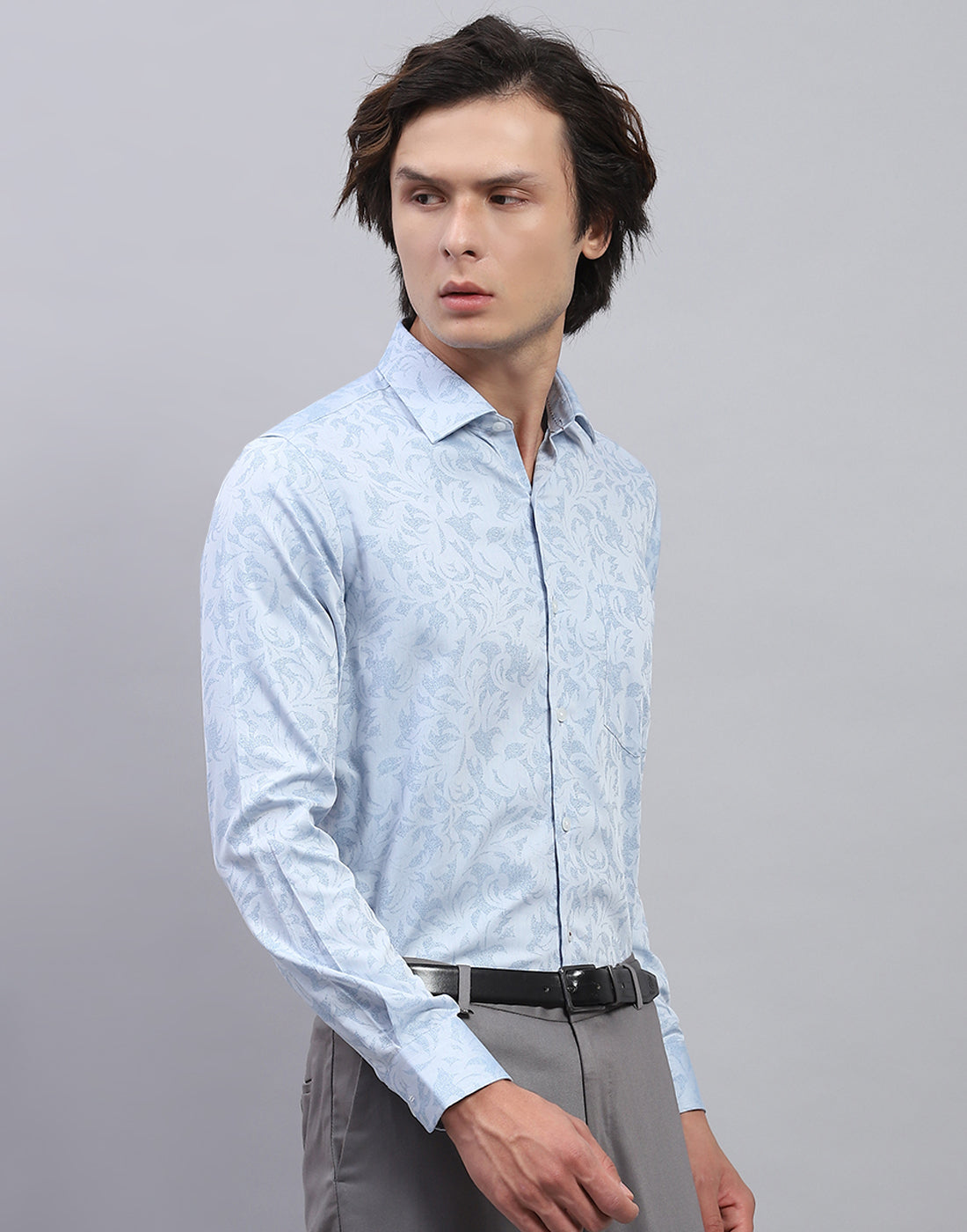 Men Blue Floral Print Collar Full Sleeve Shirt