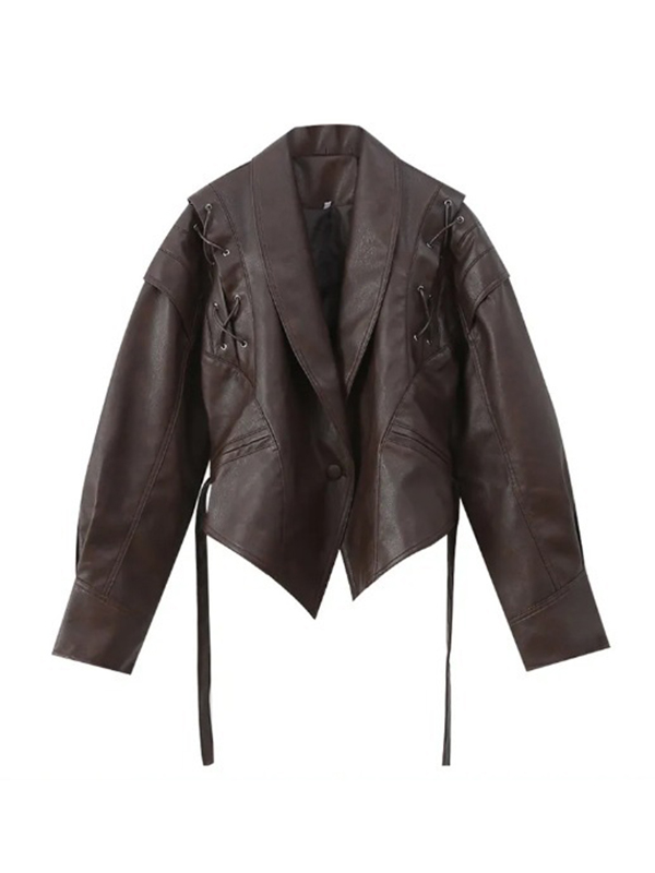 Long Sleeves Loose Split-Joint Tied Waist Lapel Jackets Outerwear