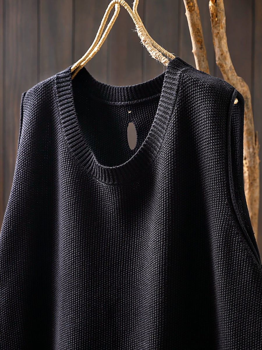 Women Vintage Pure Color Button Knit Vest