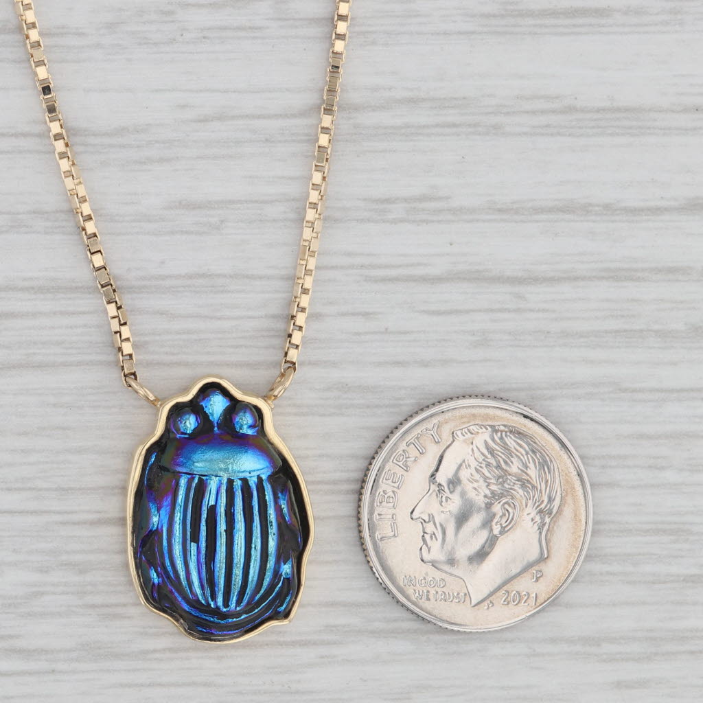 Carved Glass Rainforest Jewel Beetle Pendant Necklace 14k Gold 18.75 Box Chain