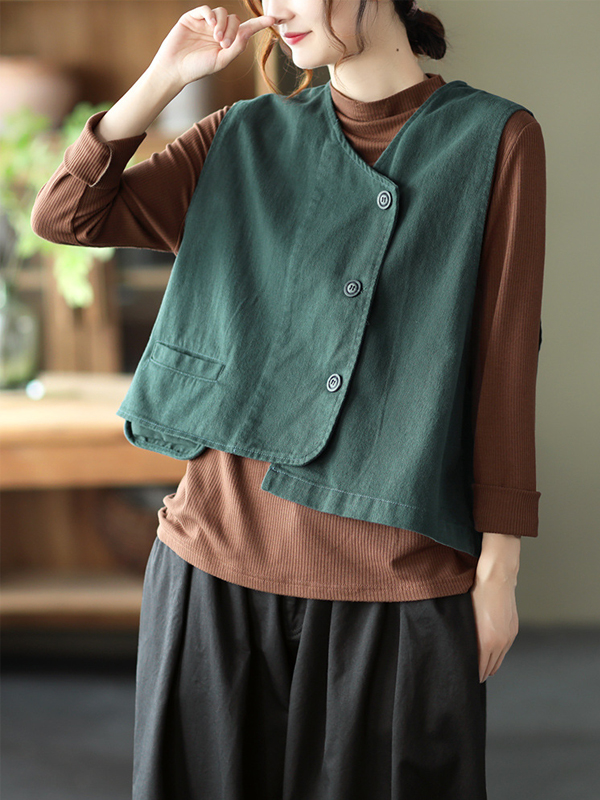 Vintage Asymmetric Solid Color Buttoned Vest Top