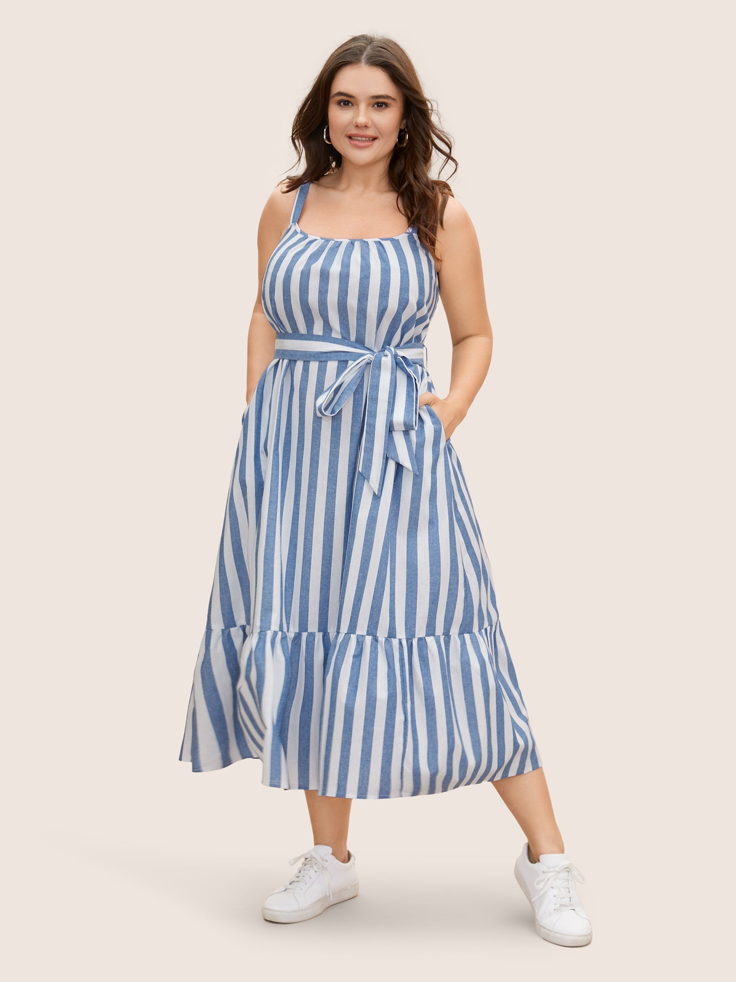 Striped Linen Blend Ruffle Layered Hem Dress