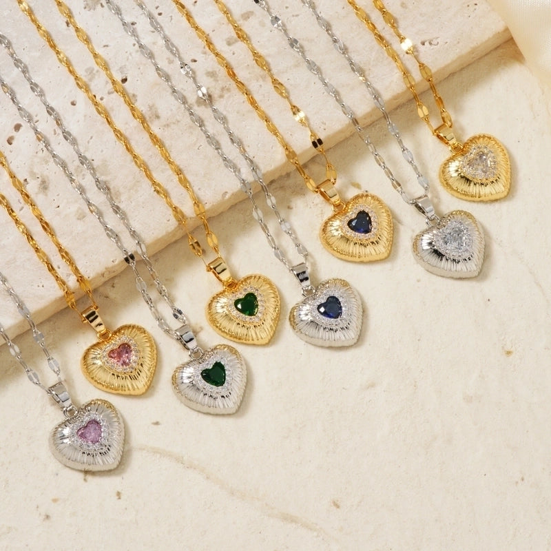 Classic Style Heart Shape 304 Stainless Steel Copper Zircon K Gold Plated Rhodium Plated Inlay Pendant Necklace