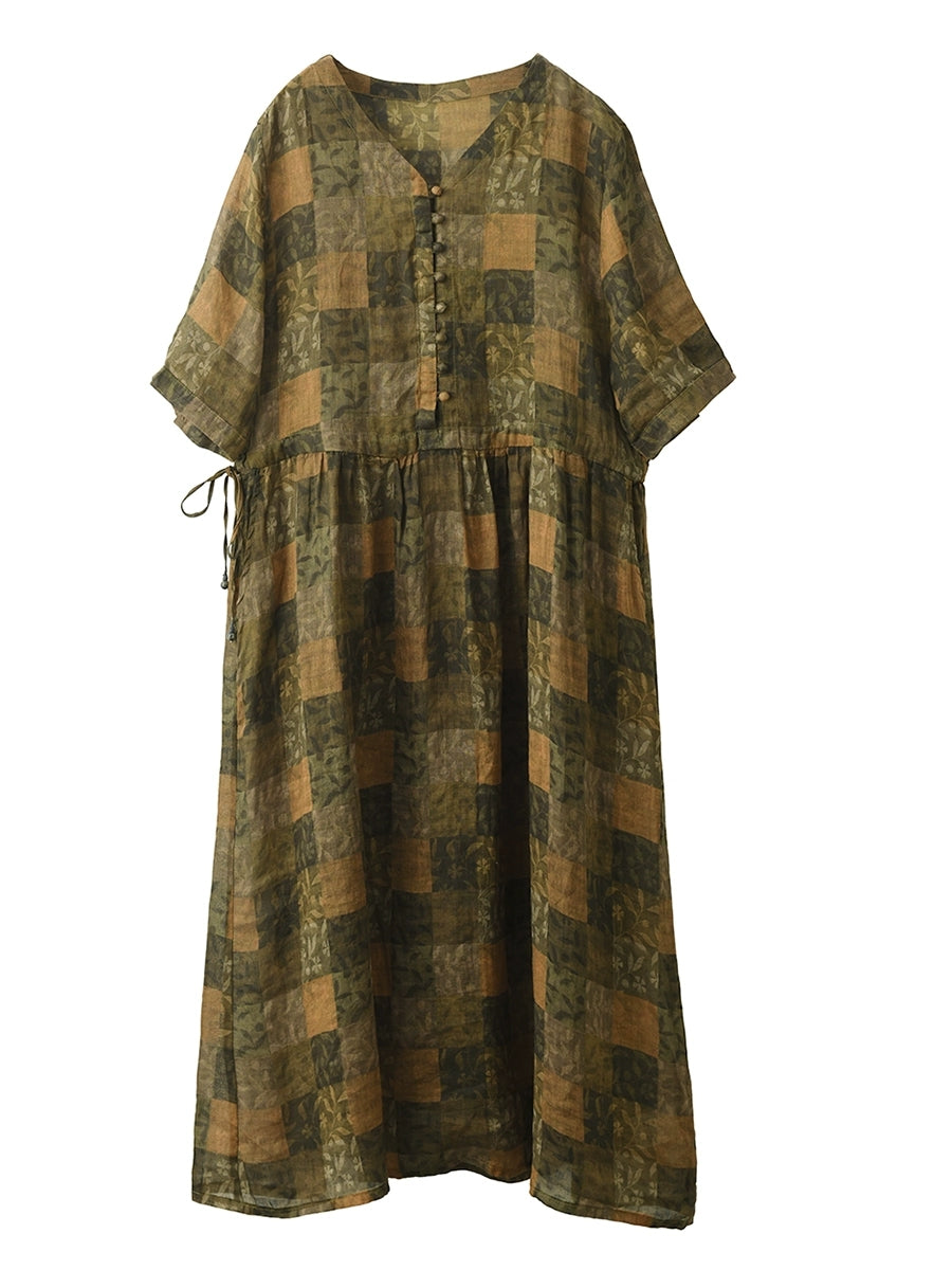 Women Summer Vintage Plaid V-Neck 100%Ramie Dress