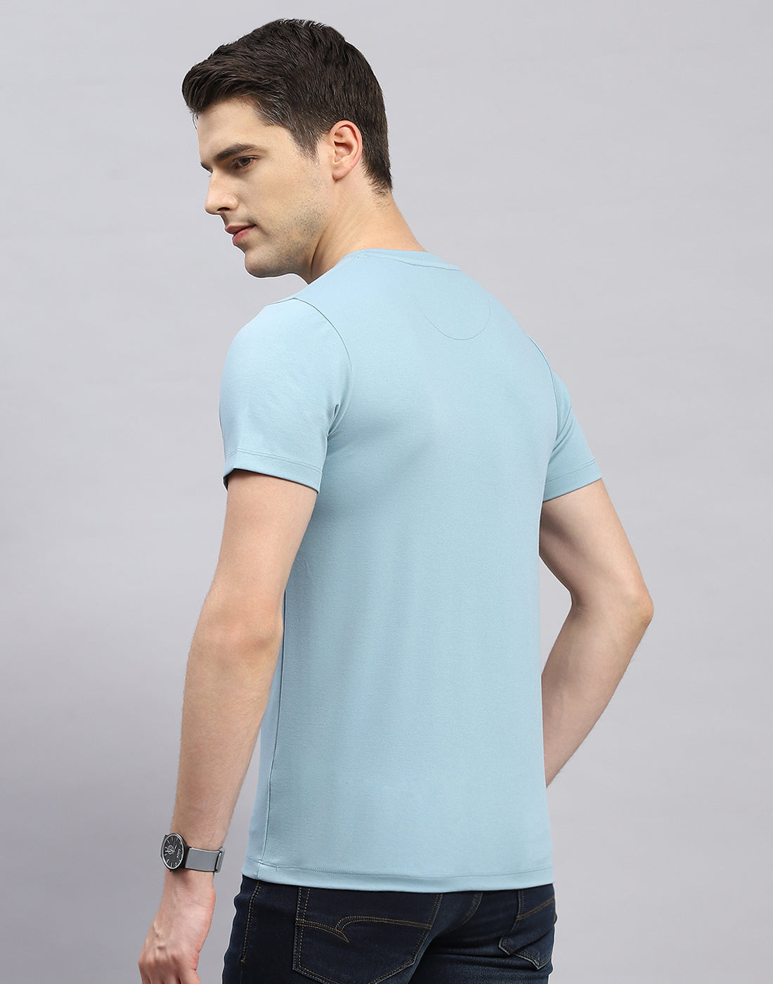 Men Sky Blue Printed Round Neck Half Sleeve T-Shirt