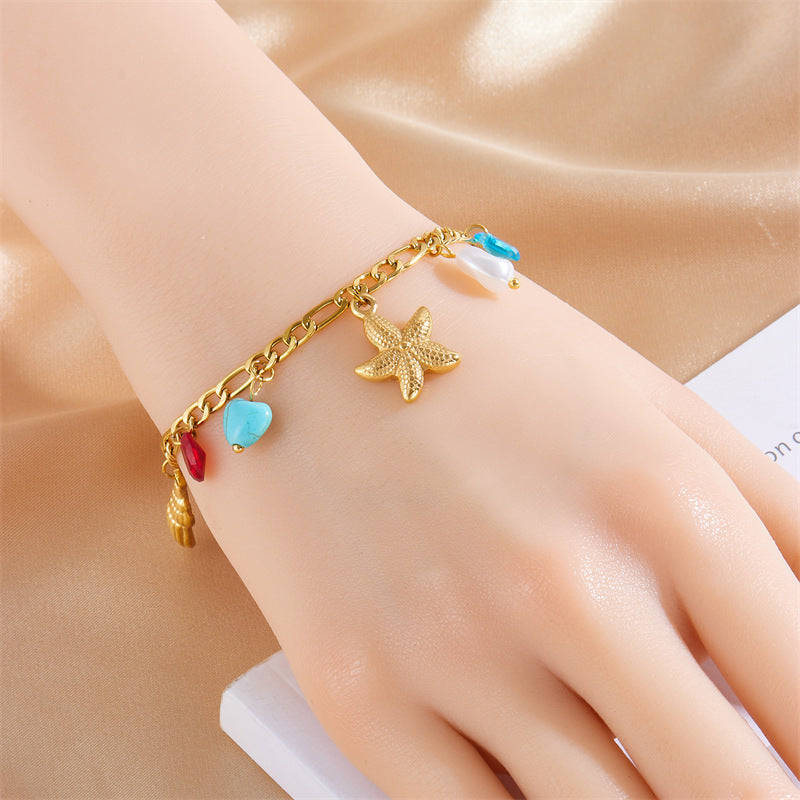 Personalized Gold-Plated Turtle Dolphin Starfish Pendant Stainless Steel Chain Jewelry Bracelet