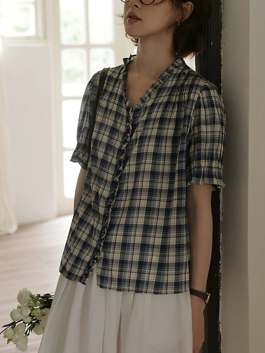 Women Summer Worn Plaid V-Neck Cotton Shirt