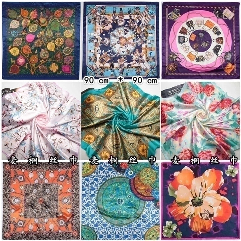 Silk Chain Carriage Oil Painting Flowers Ladies 90cm Square Scarf