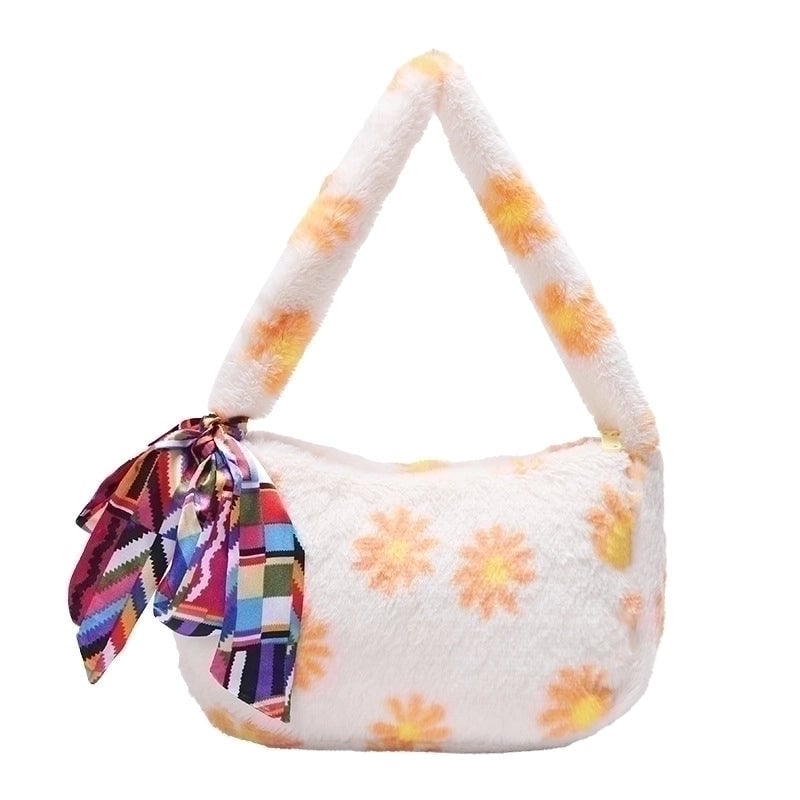 Women's Small Summer Velvet Flower Classic Style Pillow Shape Zipper Shoulder Bag