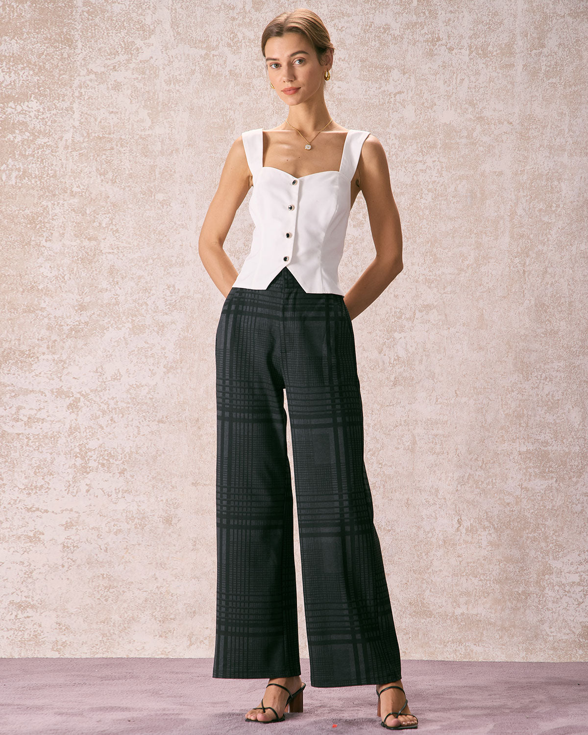 The Grey High Waisted Plaid Wide Leg Pants