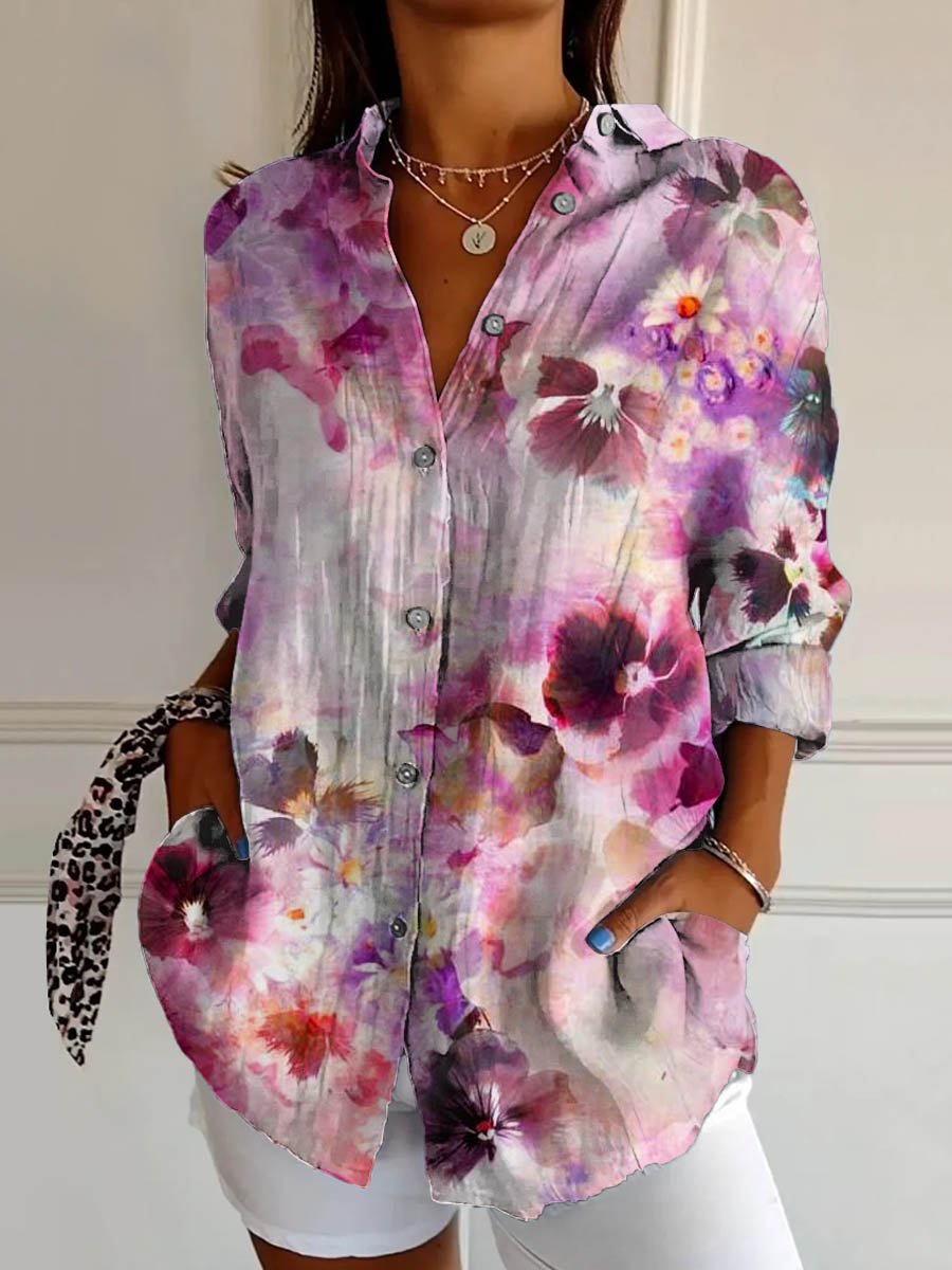 Women's Lovely Floral Breast Cancer Awareness Art Print Casual Cotton Shirt