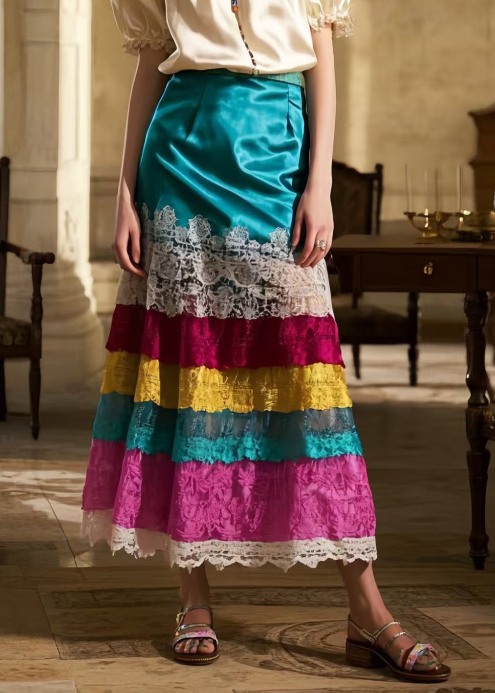 National Style Peacock Blue Patchwork Lace A Line Skirt