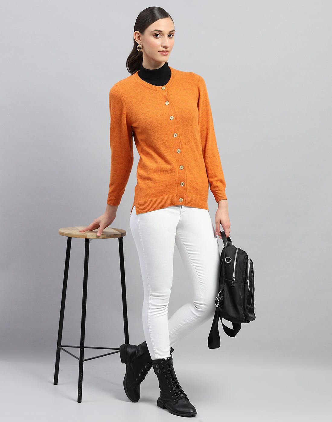 Women Orange Solid Round Neck Full Sleeve Cardigan